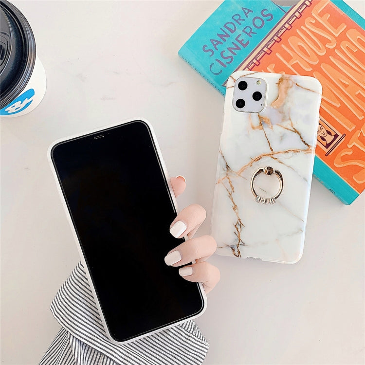 For iPhone 11 Pro TPU Smooth Marble with Ring Metal Rhinestone Bracket Mobile Phone Protective Case