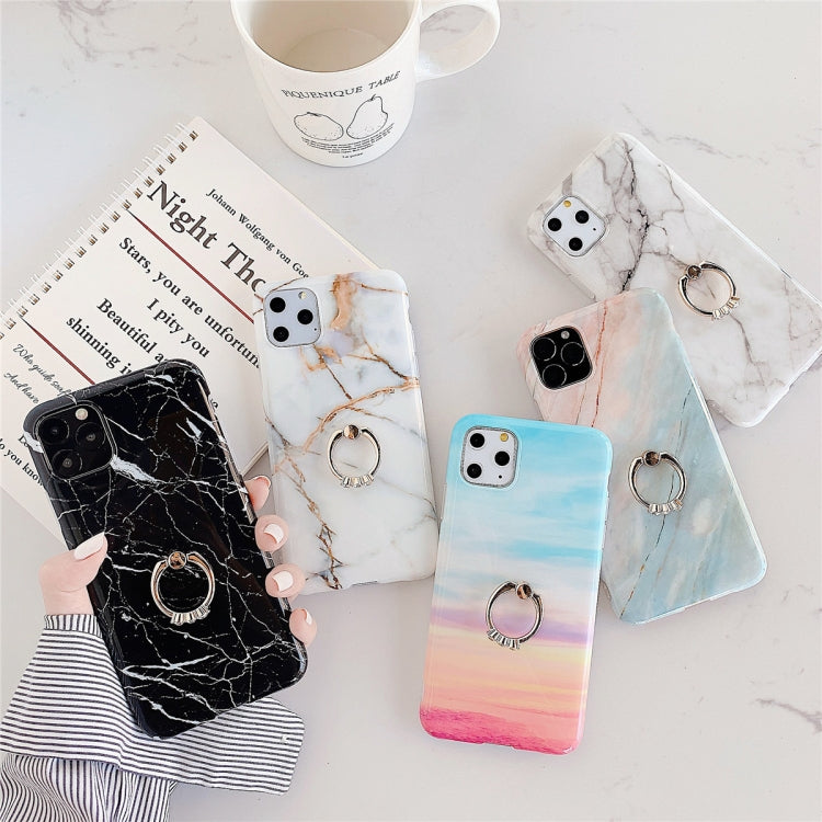 For iPhone 11 Pro TPU Smooth Marble with Ring Metal Rhinestone Bracket Mobile Phone Protective Case