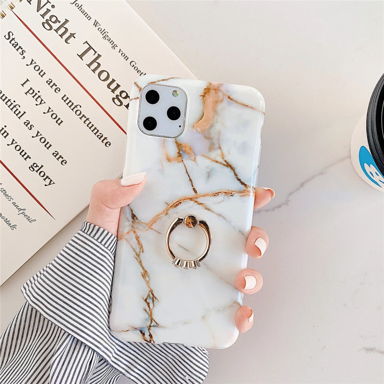 For iPhone 11 Pro Max TPU Smooth Marble with Ring Metal Rhinestone Bracket Mobile Phone Protective Case