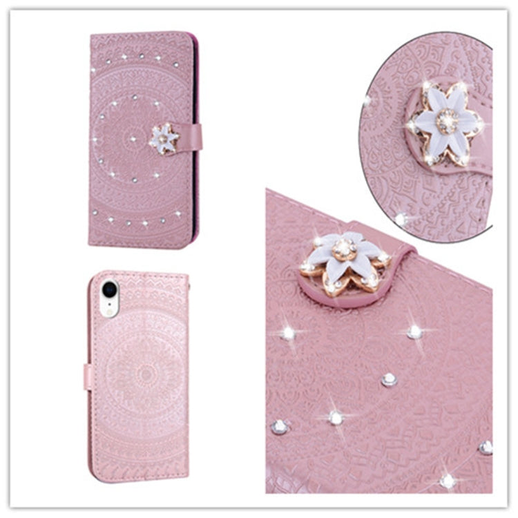 For iPhone XR Pressed Printing Sticking Drill Pattern Horizontal Flip PU Leather Case with Holder & Card Slots & Wallet & Lanyard