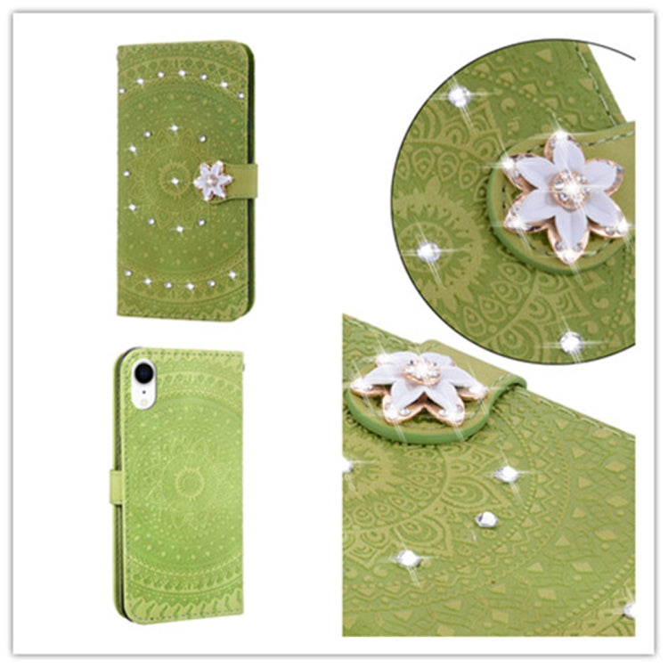 For iPhone XR Pressed Printing Sticking Drill Pattern Horizontal Flip PU Leather Case with Holder & Card Slots & Wallet & Lanyard