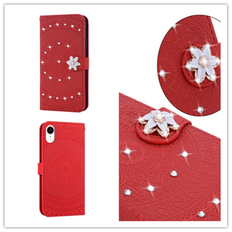 For iPhone XR Pressed Printing Sticking Drill Pattern Horizontal Flip PU Leather Case with Holder & Card Slots & Wallet & Lanyard