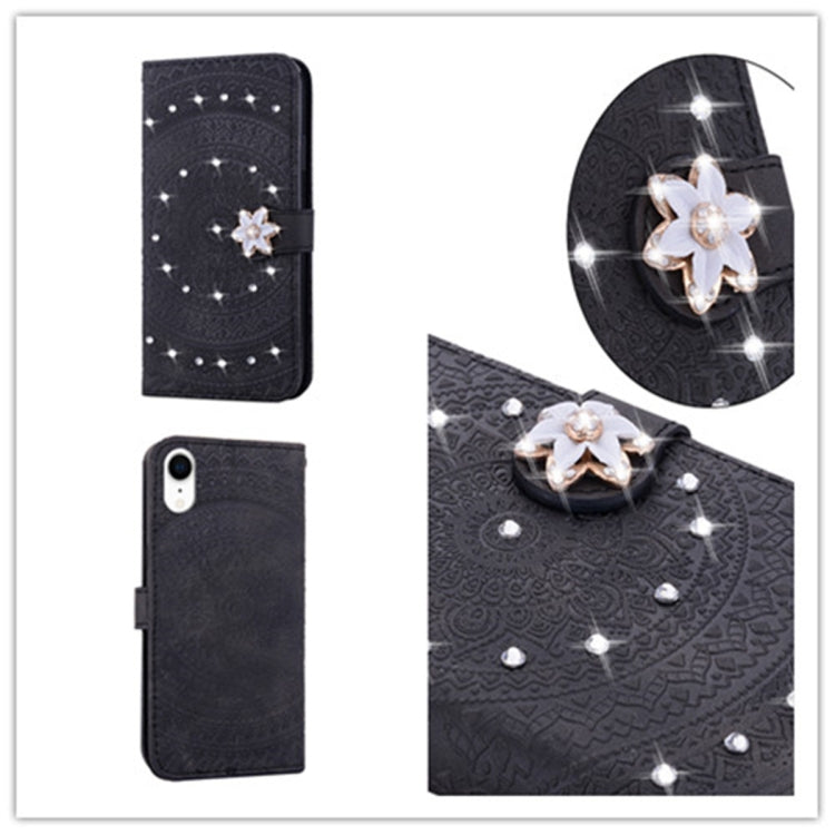 For iPhone XR Pressed Printing Sticking Drill Pattern Horizontal Flip PU Leather Case with Holder & Card Slots & Wallet & Lanyard