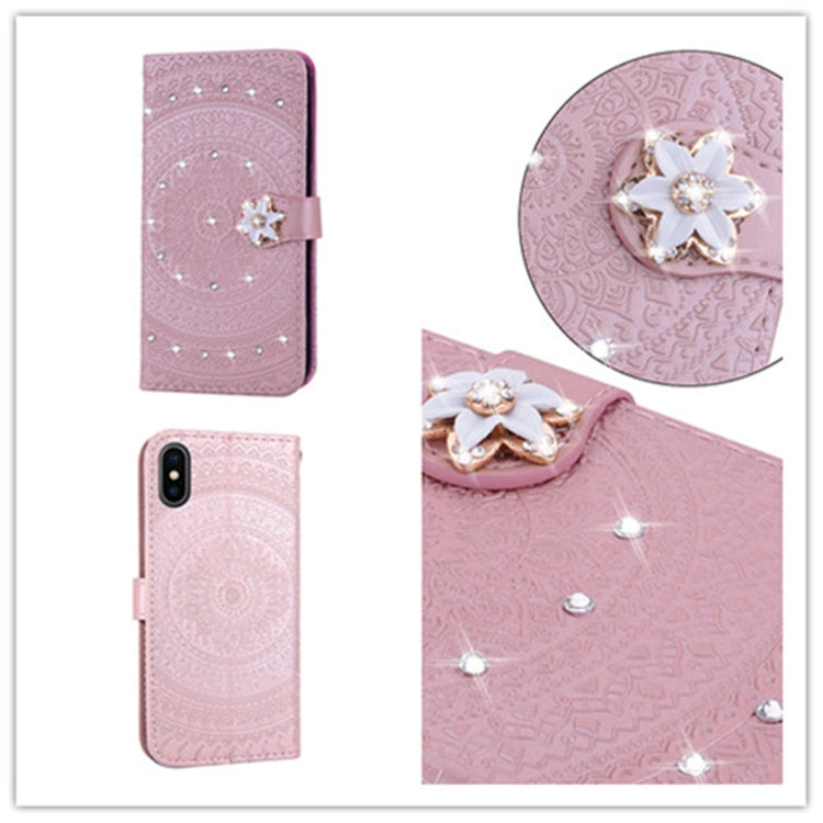 For iPhone XS Max Pressed Printing Sticking Drill Pattern Horizontal Flip PU Leather Case with Holder & Card Slots & Wallet & & Lanyard