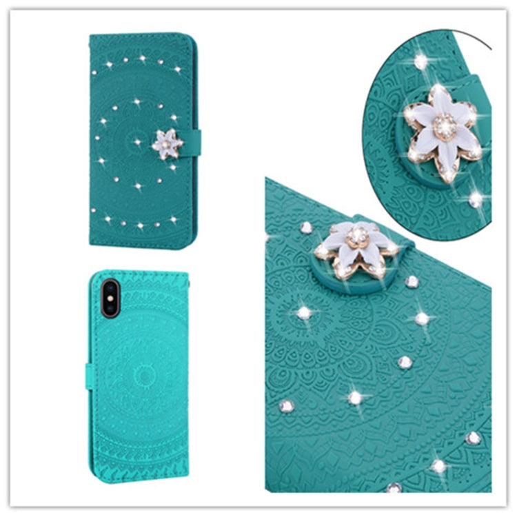 For iPhone XS Max Pressed Printing Sticking Drill Pattern Horizontal Flip PU Leather Case with Holder & Card Slots & Wallet & & Lanyard