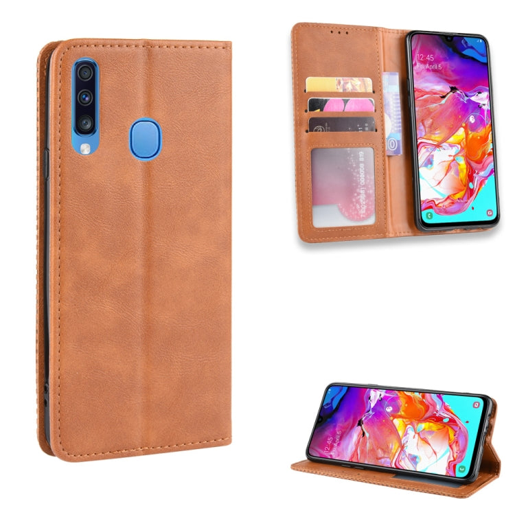 For Galaxy A20s  Magnetic Buckle Retro Crazy Horse Texture Horizontal Flip Leather Case  , with Holder & Card Slots & Photo Frame