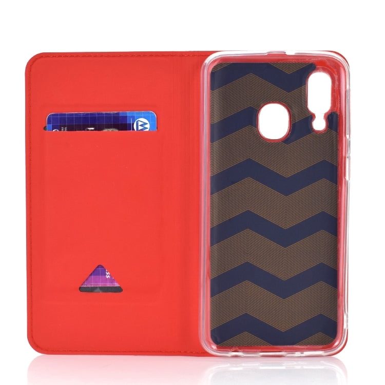 For Galaxy A40 Ultra-thin Voltage Plain Magnetic Suction Magnetic Suction Card TPU+PU Case with Card Slot & Holder