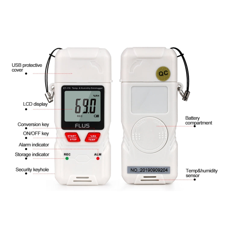 FLUS ET-176 Humidity Datalogger Thermometer Handheld Digital Non-contact Mini Hygrometer LED High/Low Temperature Indicator
