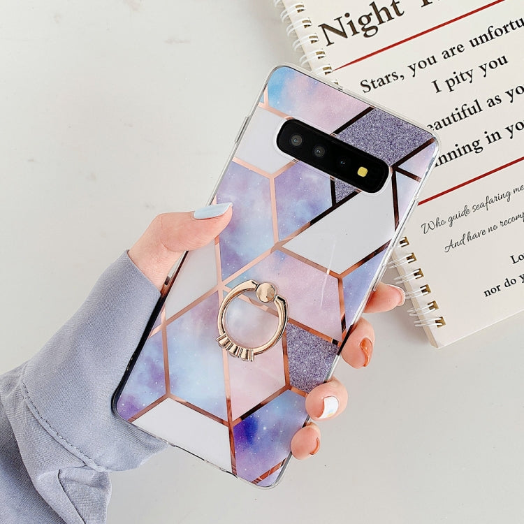 For Galaxy S10 Plus  Plating Colorful Geometric Pattern Mosaic Marble TPU Mobile Phone Case Rhinestone Stand Ring