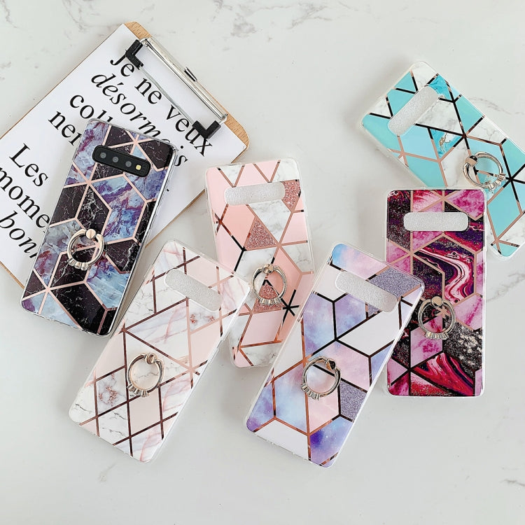 For Galaxy S10 Plus  Plating Colorful Geometric Pattern Mosaic Marble TPU Mobile Phone Case Rhinestone Stand Ring