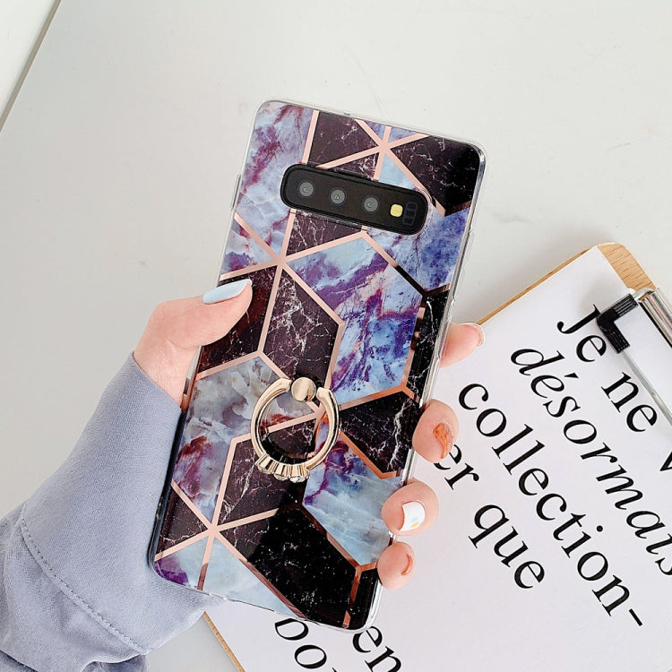 For Galaxy S10 Plus  Plating Colorful Geometric Pattern Mosaic Marble TPU Mobile Phone Case Rhinestone Stand Ring