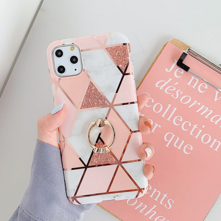 For iPhone 11 Pro Max Plating Colorful Geometric Pattern Mosaic Marble TPU Mobile Phone Case Rhinestone Stand Ring