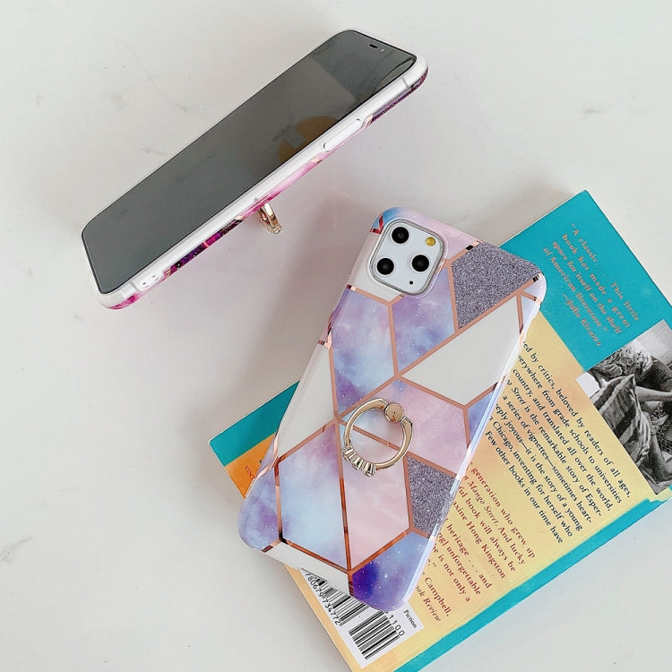 For iPhone 11 Pro Max Plating Colorful Geometric Pattern Mosaic Marble TPU Mobile Phone Case Rhinestone Stand Ring