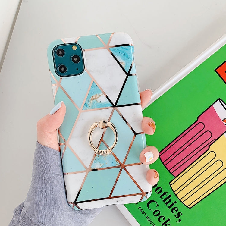 For iPhone 11 Pro Max Plating Colorful Geometric Pattern Mosaic Marble TPU Mobile Phone Case Rhinestone Stand Ring