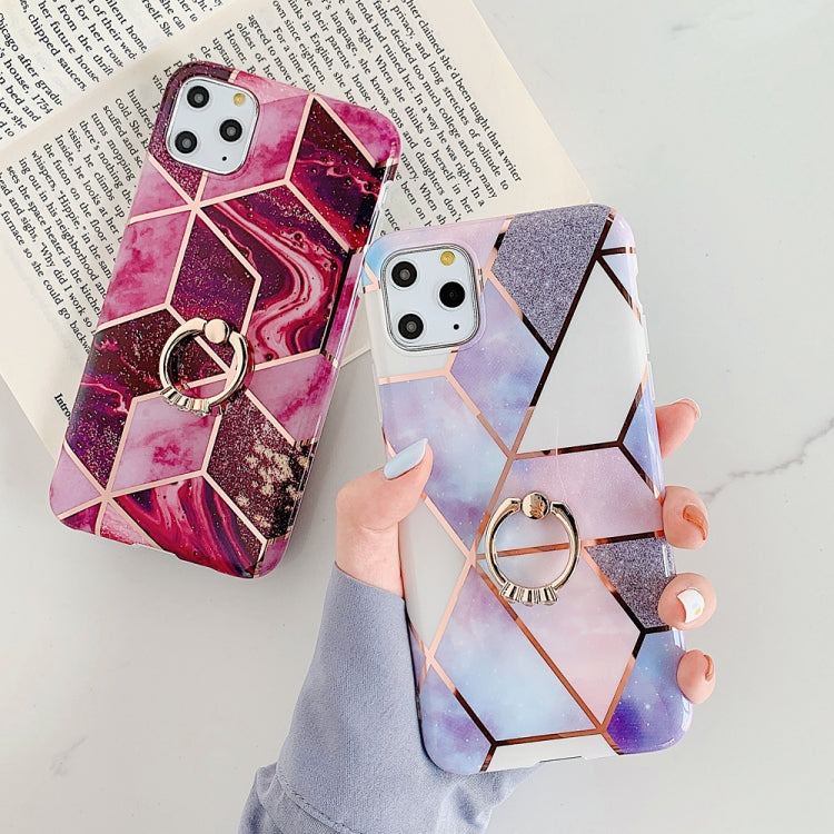 For iPhone 11 Pro Max Plating Colorful Geometric Pattern Mosaic Marble TPU Mobile Phone Case Rhinestone Stand Ring