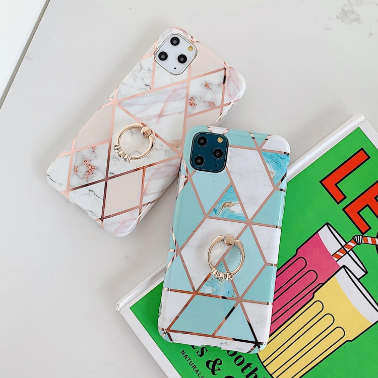 For iPhone 11 Pro Max Plating Colorful Geometric Pattern Mosaic Marble TPU Mobile Phone Case Rhinestone Stand Ring
