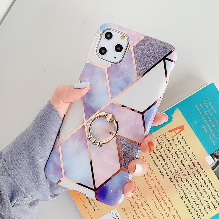 For iPhone 11 Pro Max Plating Colorful Geometric Pattern Mosaic Marble TPU Mobile Phone Case Rhinestone Stand Ring