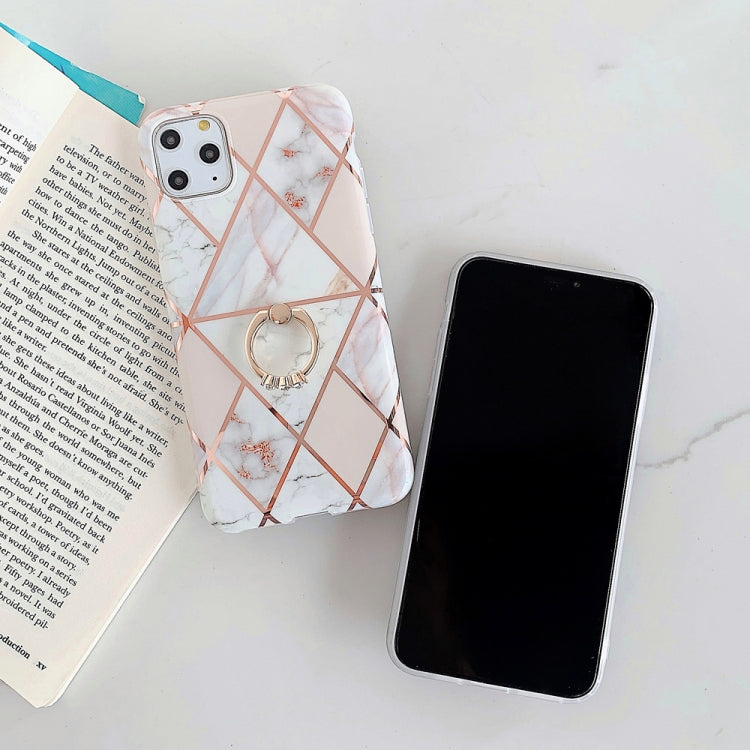 For iPhone 11 Pro Max Plating Colorful Geometric Pattern Mosaic Marble TPU Mobile Phone Case Rhinestone Stand Ring