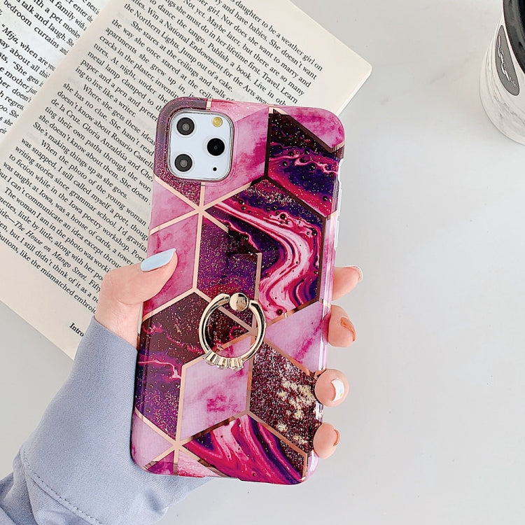For iPhone 11 Pro Max Plating Colorful Geometric Pattern Mosaic Marble TPU Mobile Phone Case Rhinestone Stand Ring