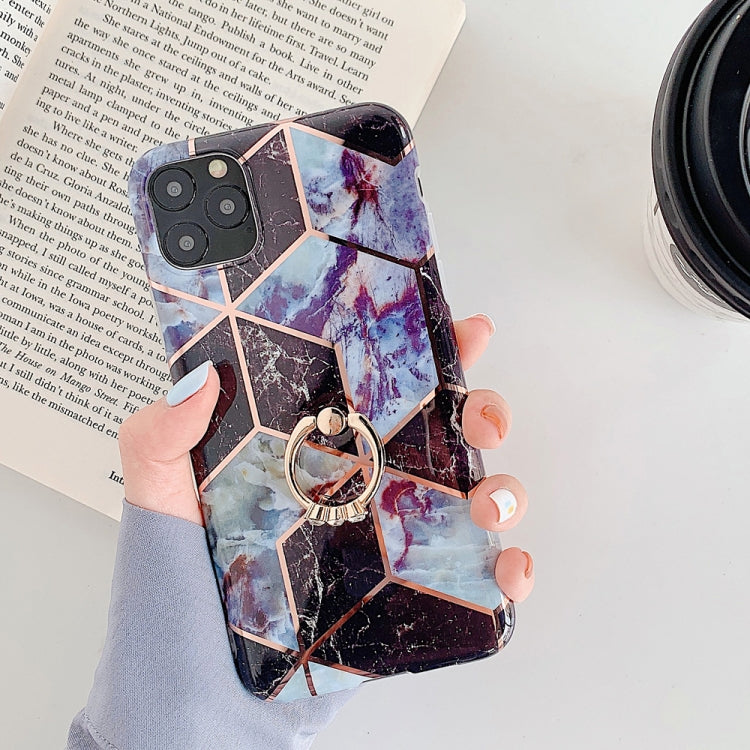 For iPhone 11 Pro Max Plating Colorful Geometric Pattern Mosaic Marble TPU Mobile Phone Case Rhinestone Stand Ring