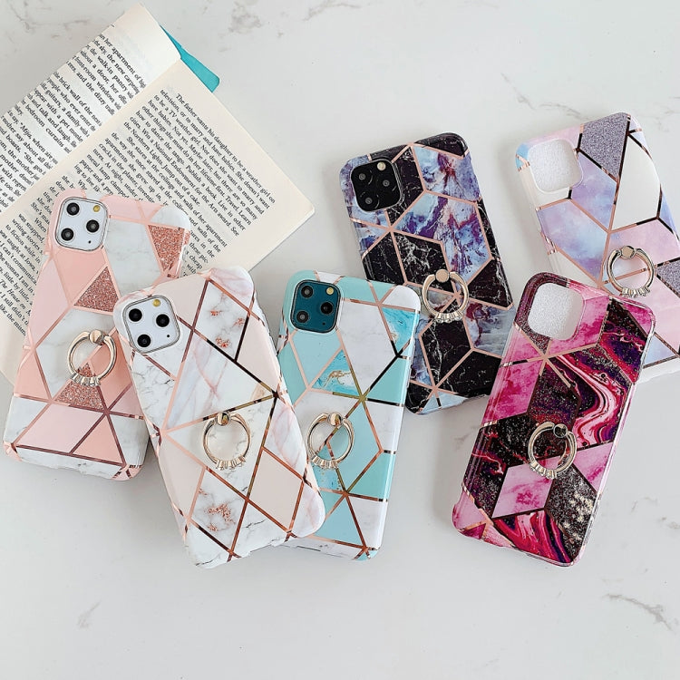For iPhone 11 Pro Max Plating Colorful Geometric Pattern Mosaic Marble TPU Mobile Phone Case Rhinestone Stand Ring