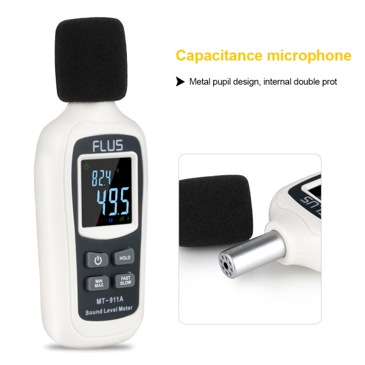 FLUS  MT-911A  Sound Level Meter Thermometer Digital Sound Level Meter Sonometros Noise Audio Level Meter Color LCD Display Decibels Meter