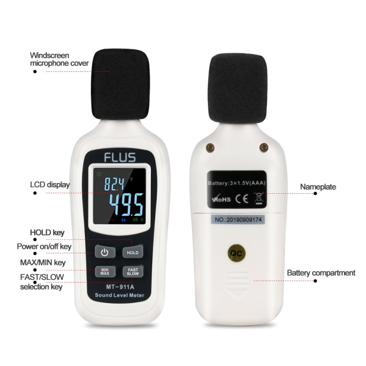 FLUS  MT-911A  Sound Level Meter Thermometer Digital Sound Level Meter Sonometros Noise Audio Level Meter Color LCD Display Decibels Meter