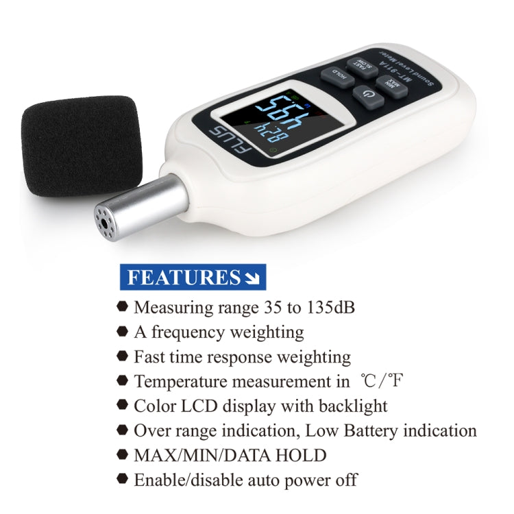 FLUS  MT-911A  Sound Level Meter Thermometer Digital Sound Level Meter Sonometros Noise Audio Level Meter Color LCD Display Decibels Meter