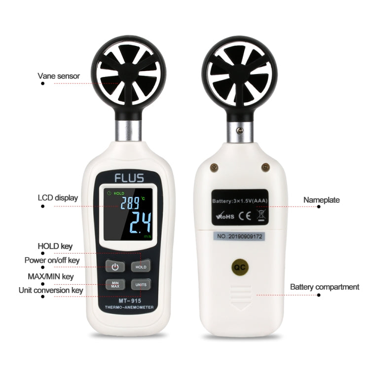 FLUS MT-915 Portable Anemometer Thermometer Mini Wind Speed Gauge Meter Anemometro Windmeter LCD Display Digital Handheld Tester