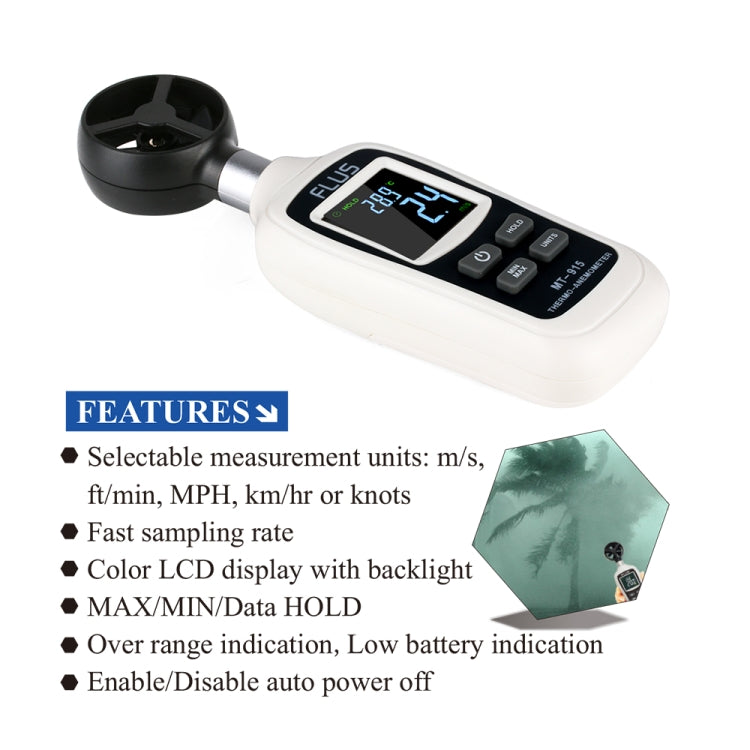 FLUS MT-915 Portable Anemometer Thermometer Mini Wind Speed Gauge Meter Anemometro Windmeter LCD Display Digital Handheld Tester