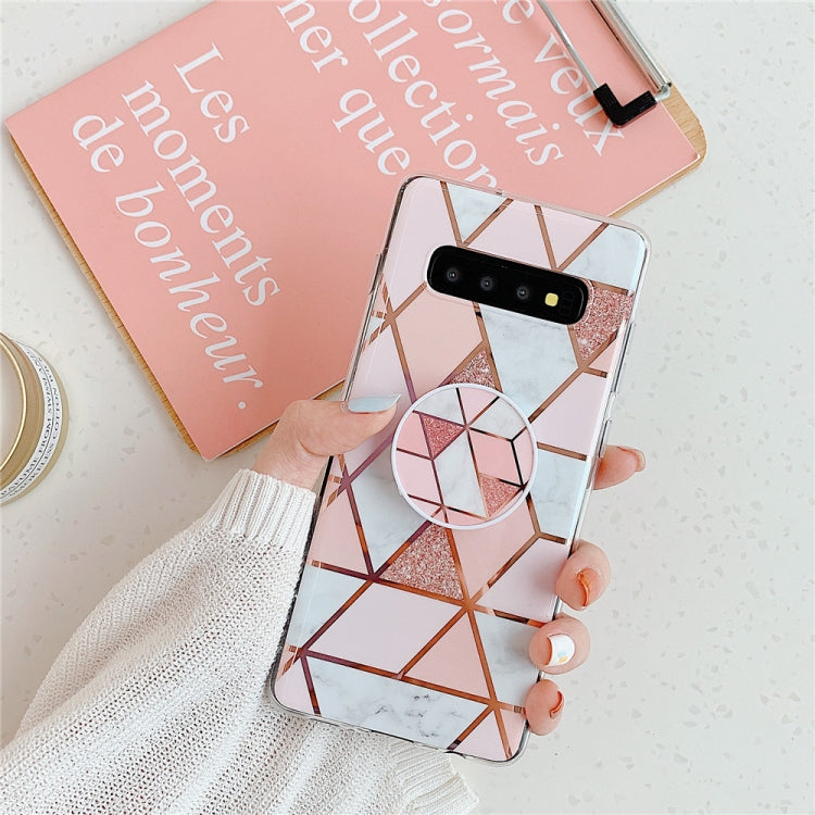 For Galaxy S10 Plus   Plating Colorful Geometric Pattern Mosaic Marble TPU Mobile Phone Case with Folding Bracket