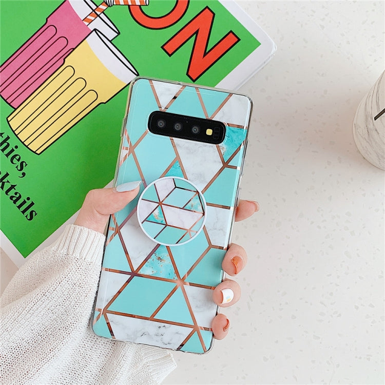 For Galaxy S10 Plus   Plating Colorful Geometric Pattern Mosaic Marble TPU Mobile Phone Case with Folding Bracket