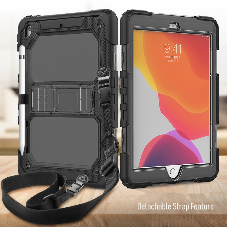 For iPad 10.2 Shockproof Transparent PC + Silica Gel Protective Case , with Holder & Shoulder Strap & Pen Slot