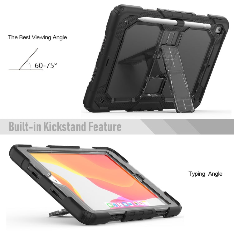 For iPad 10.2 Shockproof Transparent PC + Silica Gel Protective Case , with Holder & Shoulder Strap & Pen Slot