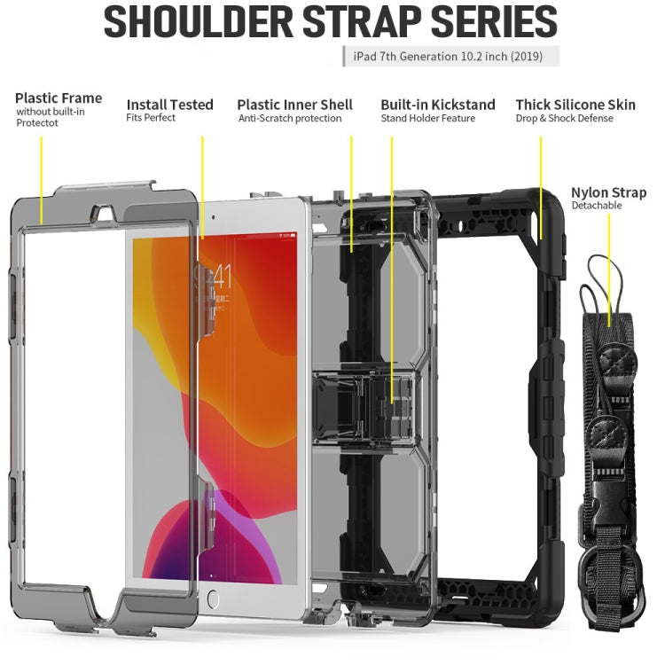 For iPad 10.2 Shockproof Transparent PC + Silica Gel Protective Case , with Holder & Shoulder Strap & Pen Slot