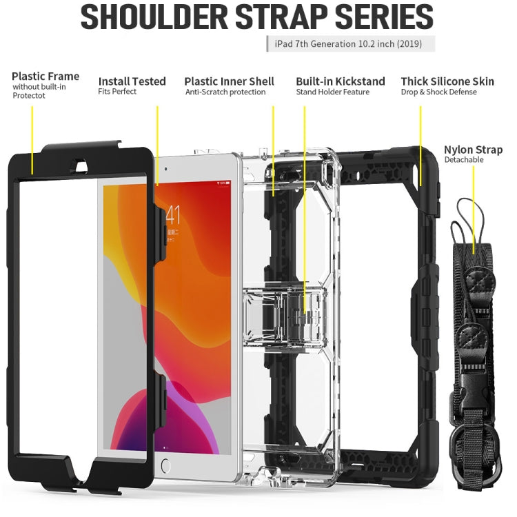 For iPad 10.2 Shockproof Transparent PC + Silica Gel Protective Case , with Holder & Shoulder Strap & Pen Slot