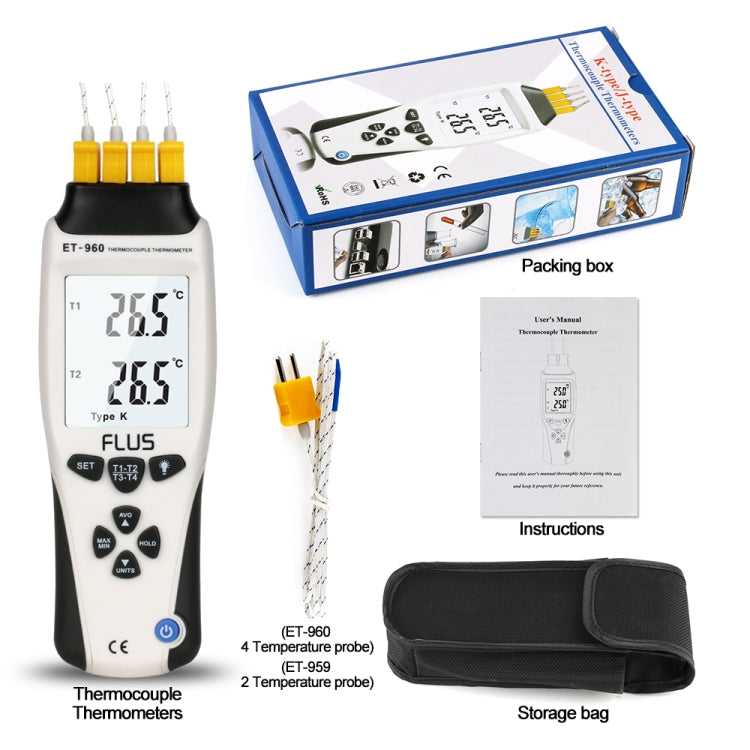 FLUS ET-960 Humidity Type K J Thermometer Handheld Portable Digital Non-contact With Thermocouple Proble Hygrometer Temperature Meter