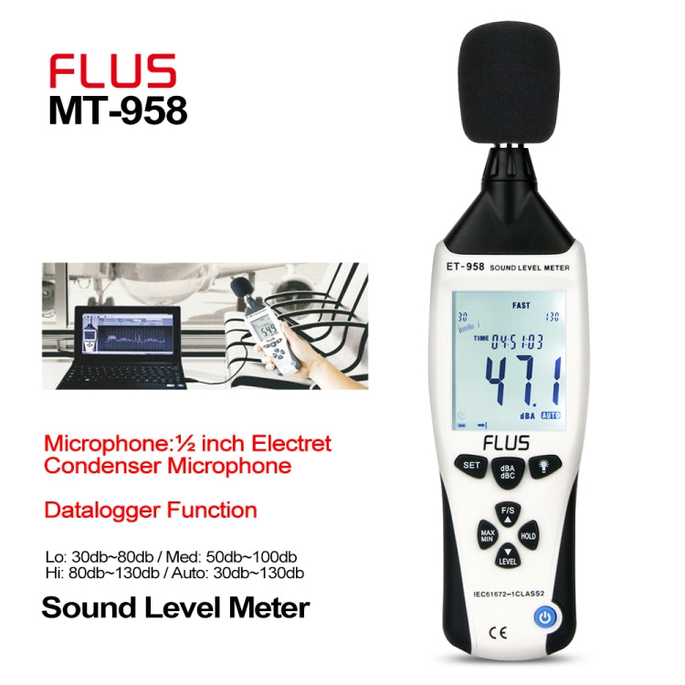 FLUS ET-958 Digital Noise Decibel Recorder Measurement Audio Detector Volume Monitor 30-130dB Handheld Noise Meter