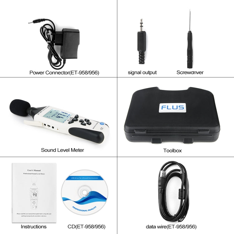 FLUS ET-958 Digital Noise Decibel Recorder Measurement Audio Detector Volume Monitor 30-130dB Handheld Noise Meter