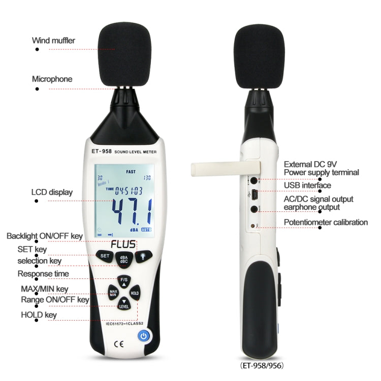 FLUS ET-958 Digital Noise Decibel Recorder Measurement Audio Detector Volume Monitor 30-130dB Handheld Noise Meter