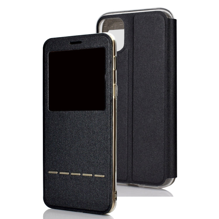 For iPhone 11 Pro Max Matte Texture Horizontal Flip Bracket Mobile Phone Holster Window with Caller ID and Metal Button Slide To Unlock