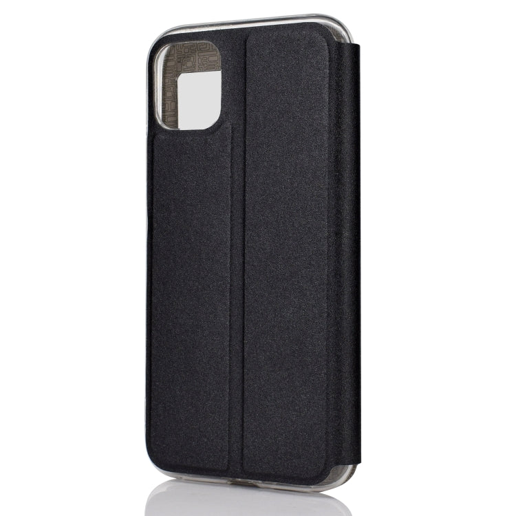For iPhone 11 Pro Max Matte Texture Horizontal Flip Bracket Mobile Phone Holster Window with Caller ID and Metal Button Slide To Unlock
