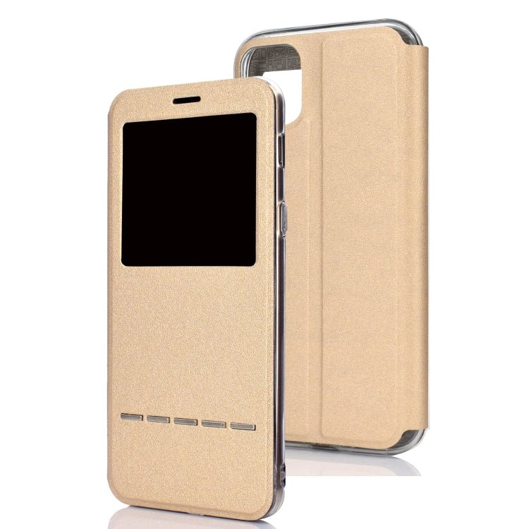 For iPhone 11 Pro Max Matte Texture Horizontal Flip Bracket Mobile Phone Holster Window with Caller ID and Metal Button Slide To Unlock