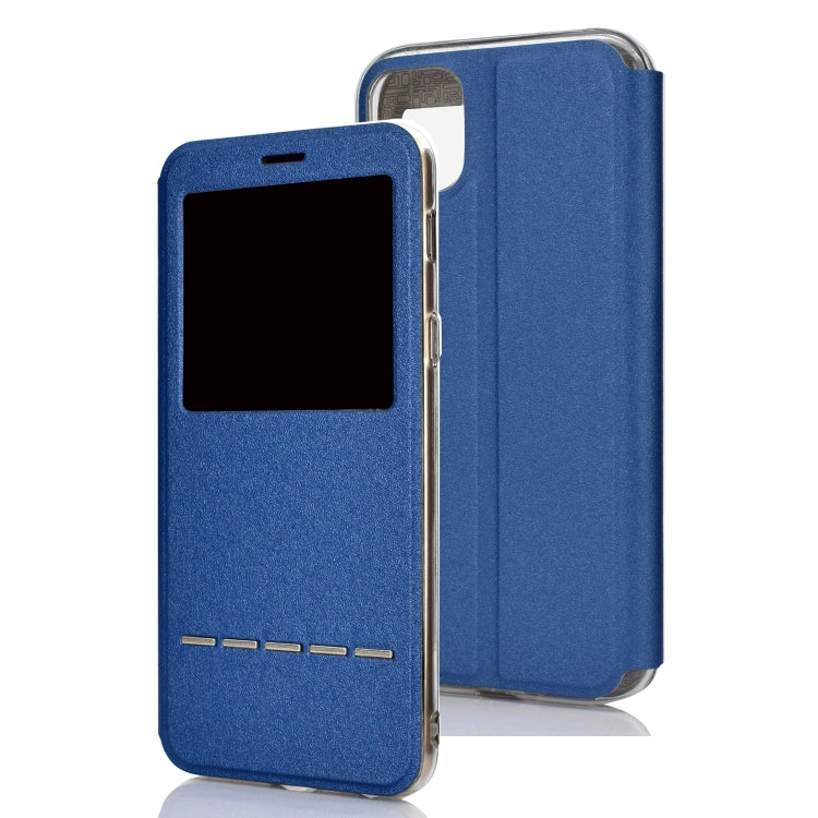 For iPhone 11 Pro Max Matte Texture Horizontal Flip Bracket Mobile Phone Holster Window with Caller ID and Metal Button Slide To Unlock