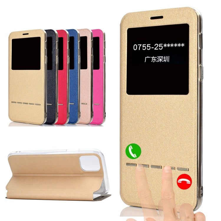 For iPhone 11 Pro Max Matte Texture Horizontal Flip Bracket Mobile Phone Holster Window with Caller ID and Metal Button Slide To Unlock