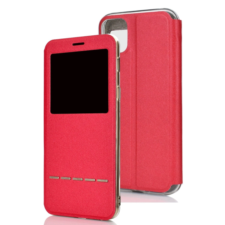 For iPhone 11 Pro Max Matte Texture Horizontal Flip Bracket Mobile Phone Holster Window with Caller ID and Metal Button Slide To Unlock