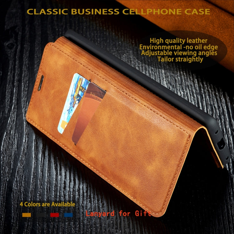 For Galaxy A20s Retro Simple Ultra-thin Magnetic Leather Case with Holder & Card Slots & Lanyard