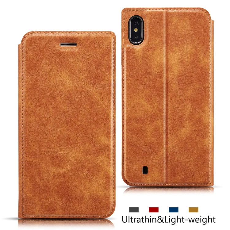 For Galaxy A10 Retro Simple Ultra-thin Magnetic Leather Case with Holder & Card Slots & Lanyard