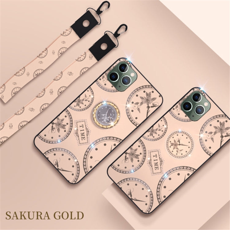 For iPhone 11 Pro Max Fashion Clock Pattern Rhinestone Mobile Phone Shell with Bracket / Hand Rope / Lanyard