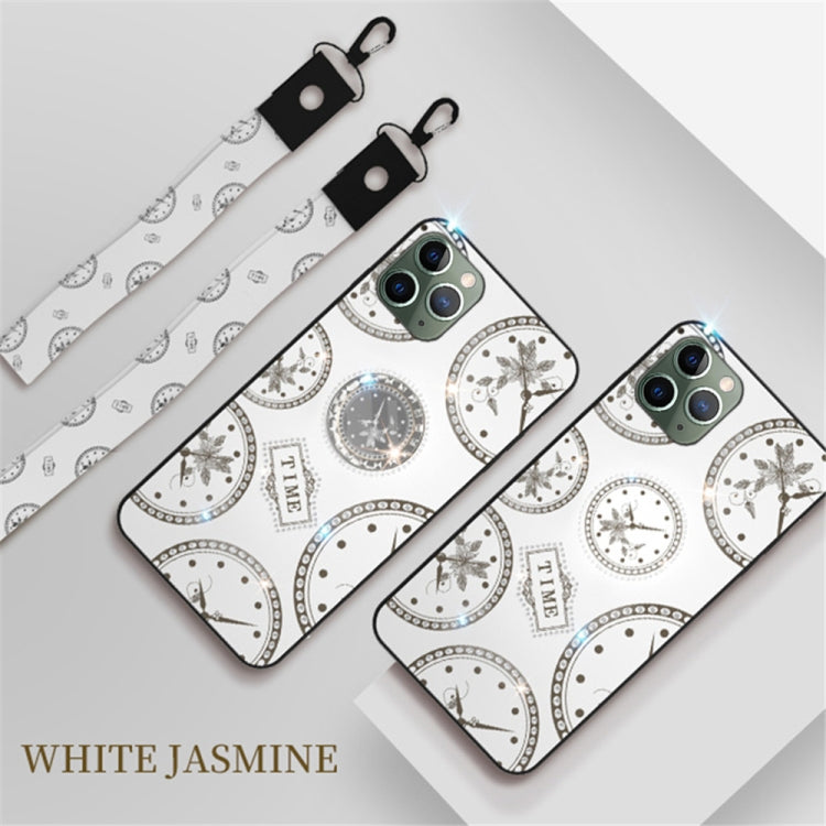 For iPhone 11 Pro Max Fashion Clock Pattern Rhinestone Mobile Phone Shell with Bracket / Hand Rope / Lanyard